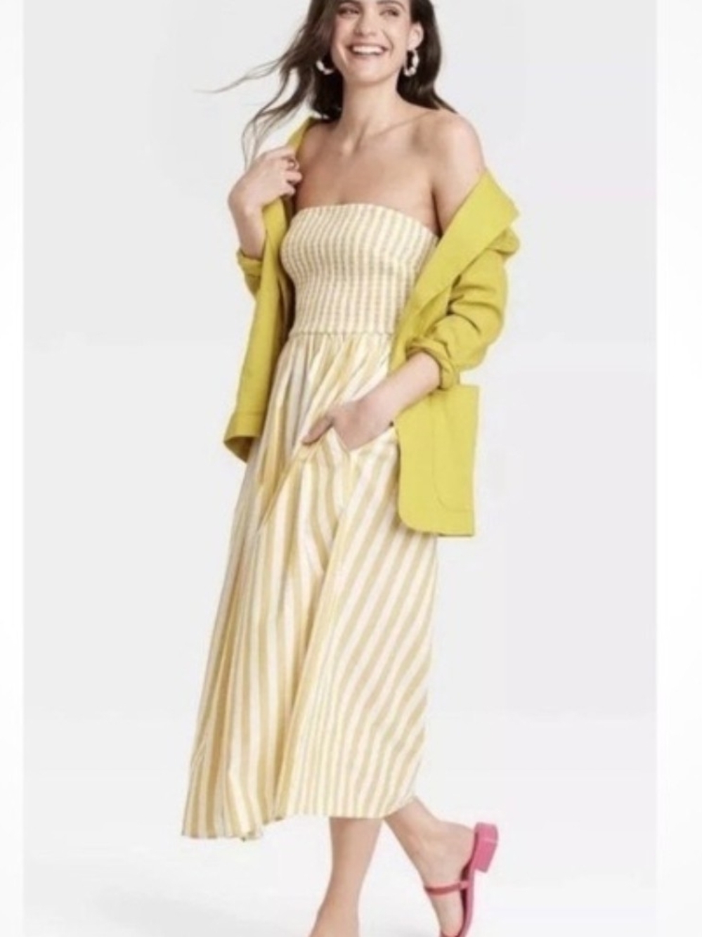 a new day Smocked Yellow and White Striped Midi Dress 100% Cotton.